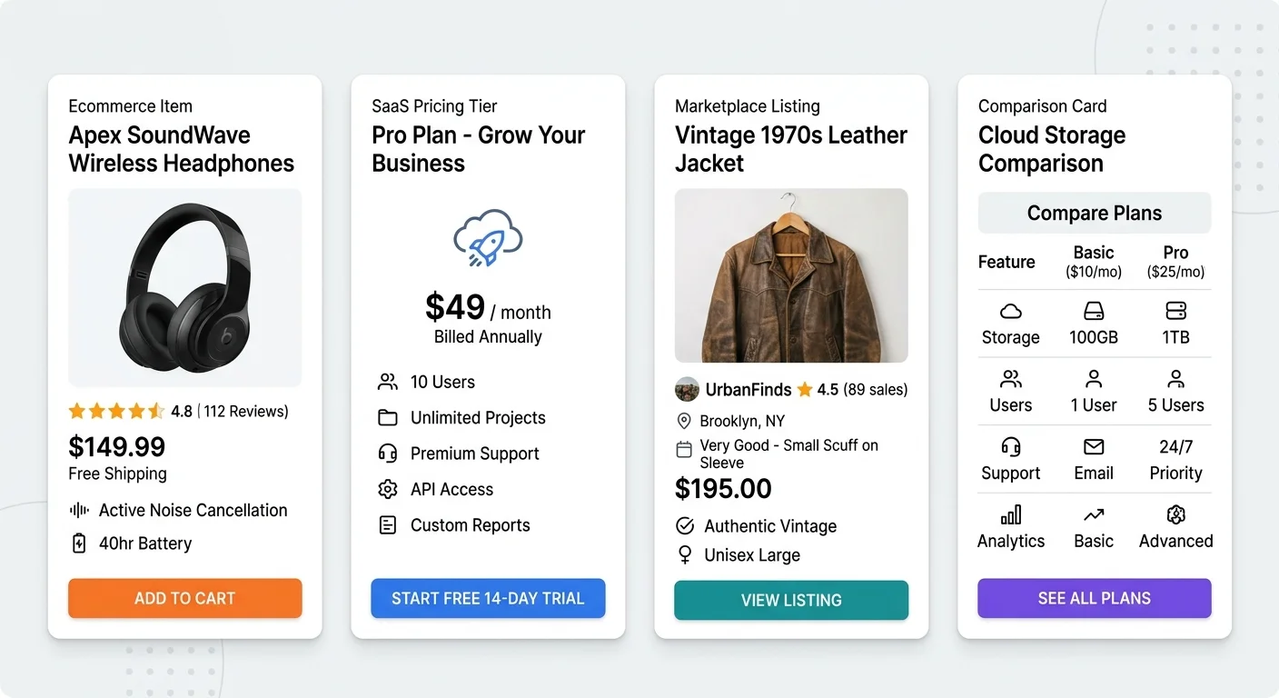 Examples of product card design across ecommerce, SaaS, and marketplace contexts