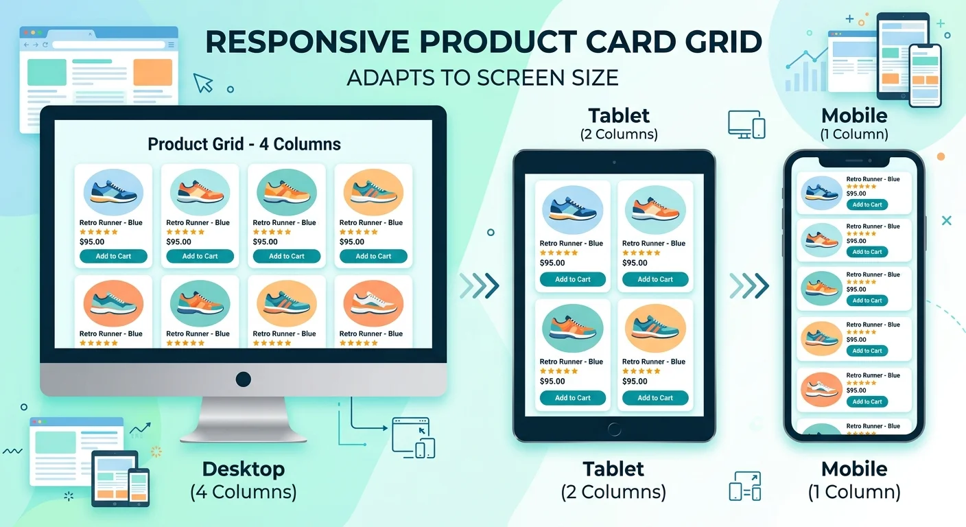 Responsive product card layout adapting across desktop and mobile viewports