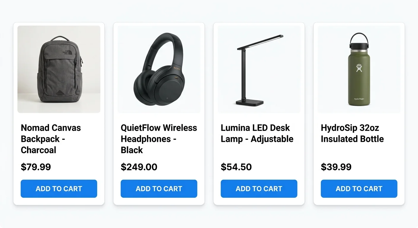 Ecommerce product card grid layout with visual hierarchy example