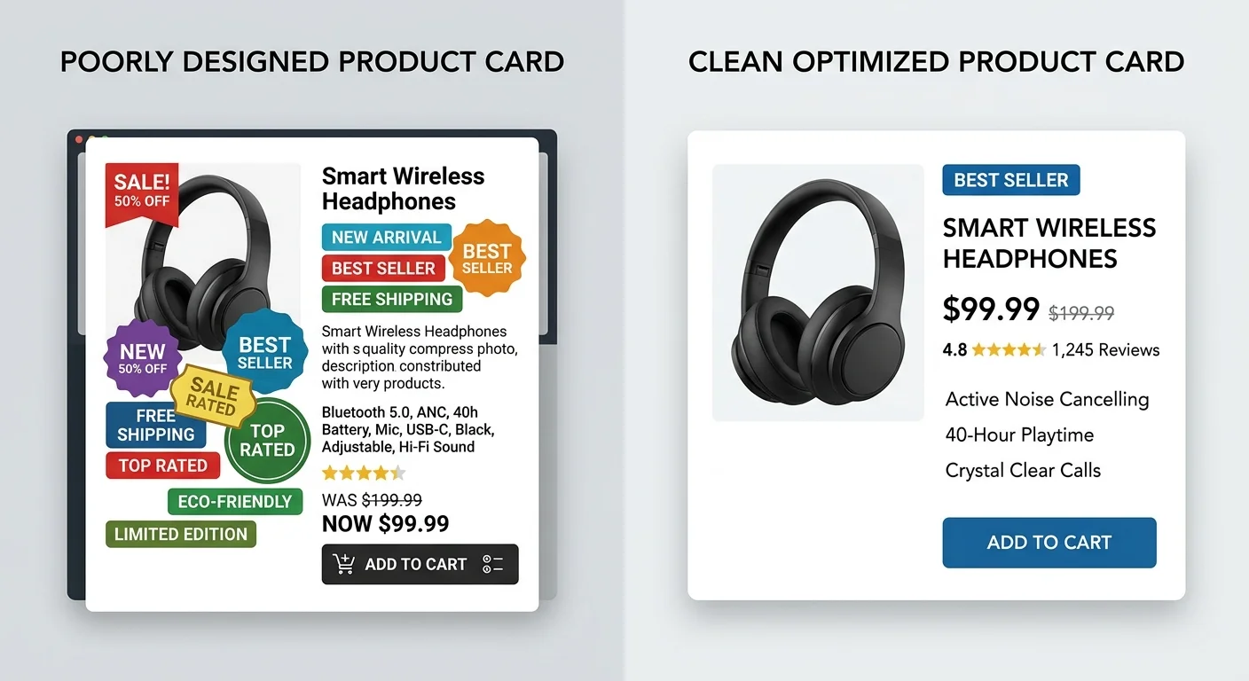 Before and after product card design comparison showing optimized layout