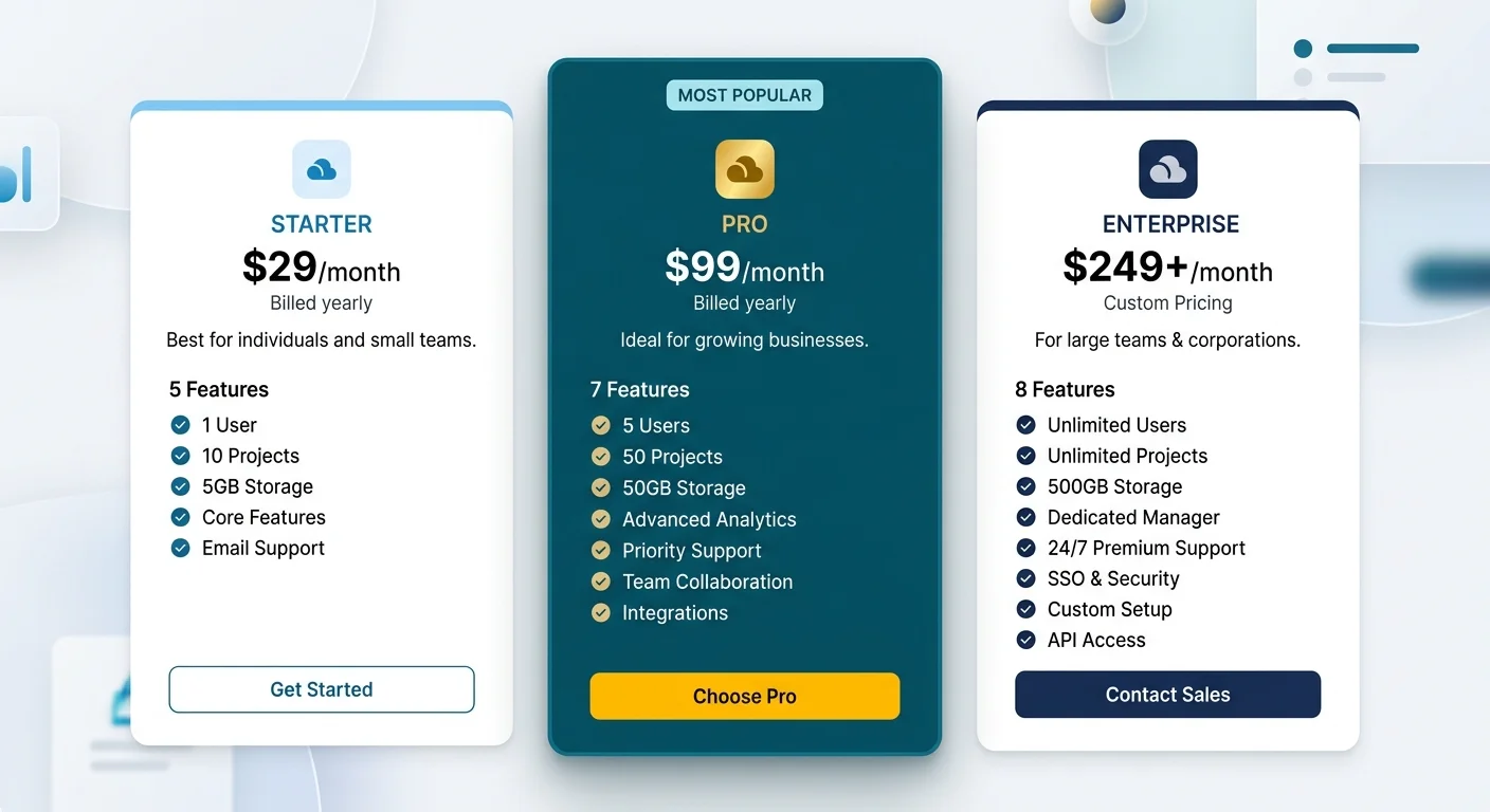 SaaS pricing card design example with three tiers and highlighted recommended plan