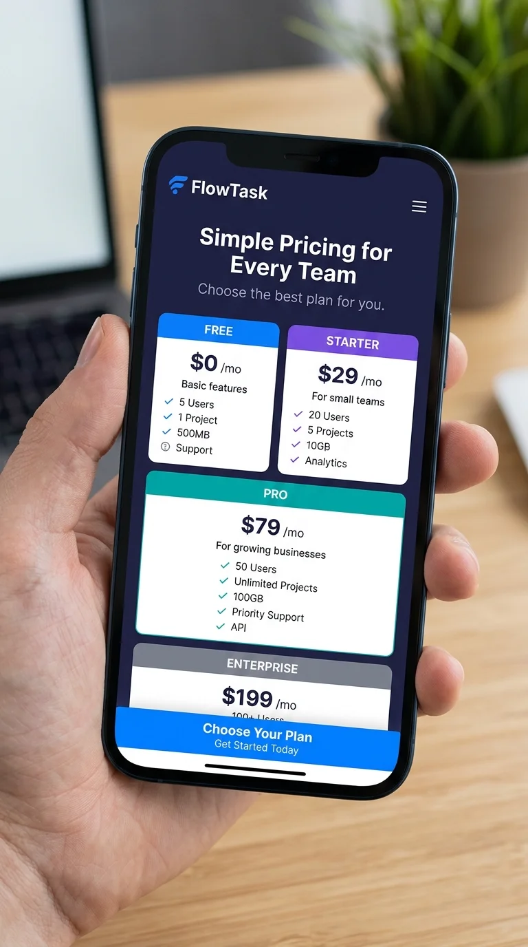 Mobile-responsive SaaS pricing card layout with sticky call-to-action button