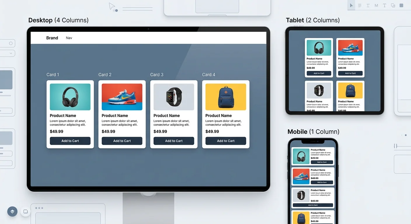 Responsive UI card component grid across three device sizes