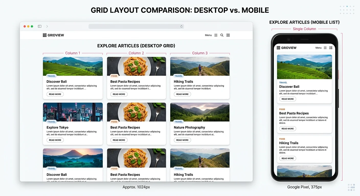 Side-by-side product card grid layouts for desktop and mobile screens